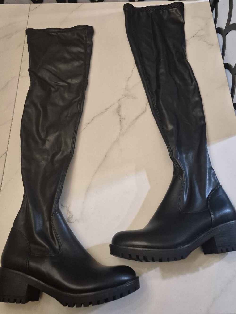 Over-the-Knee Black Leather-Look Lug Sole Boots